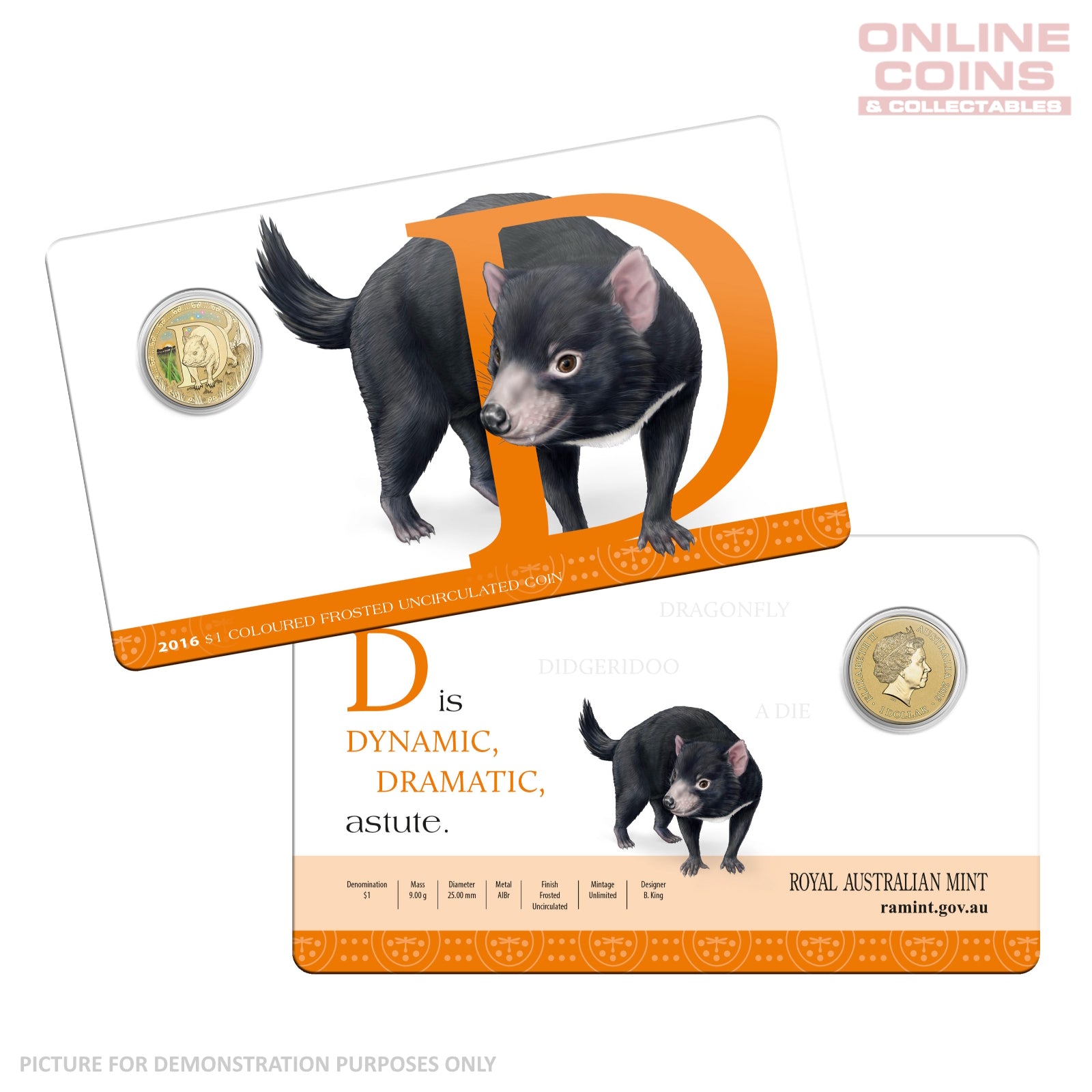 2016 $1 Coloured Alphabet Frosted Coin In Card - D For Devil